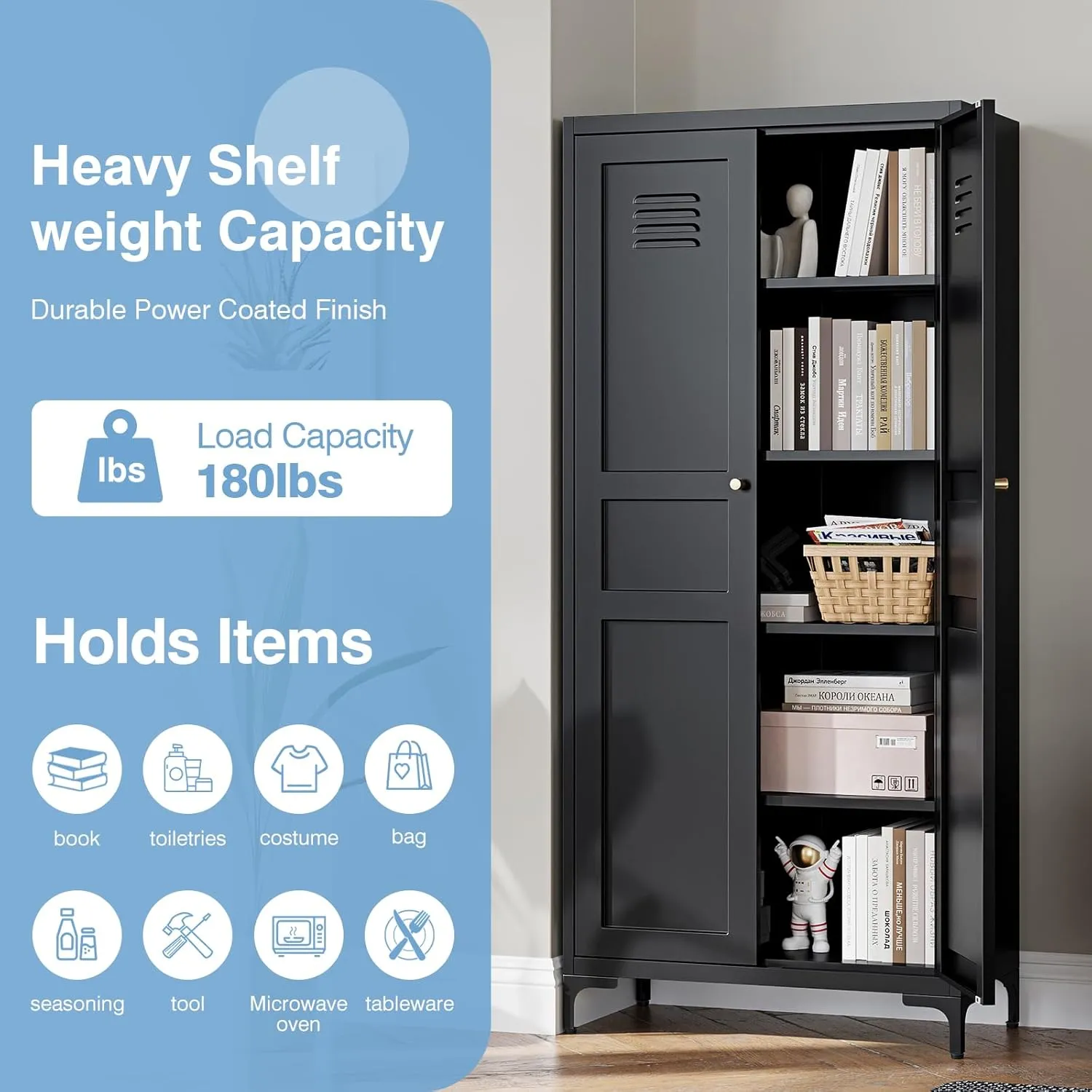 Black Pantry Storage Cabinet 61-Inch High Cupborad Storage Cabinets with Doors and Shelves, Metal Kitchen Cabinet for Home, Dining Room, Bedroom, Living Room, Bathroom