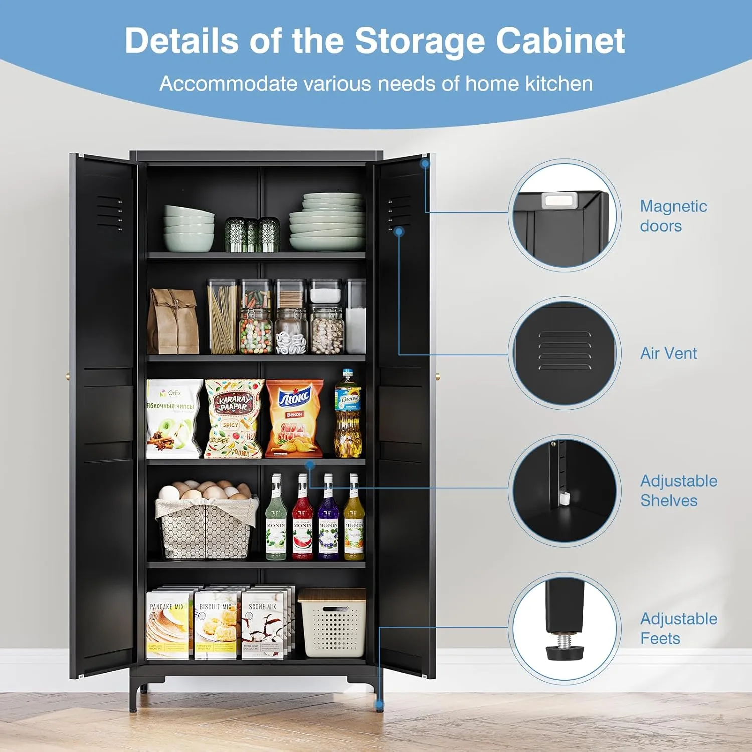 Black Pantry Storage Cabinet 61-Inch High Cupborad Storage Cabinets with Doors and Shelves, Metal Kitchen Cabinet for Home, Dining Room, Bedroom, Living Room, Bathroom