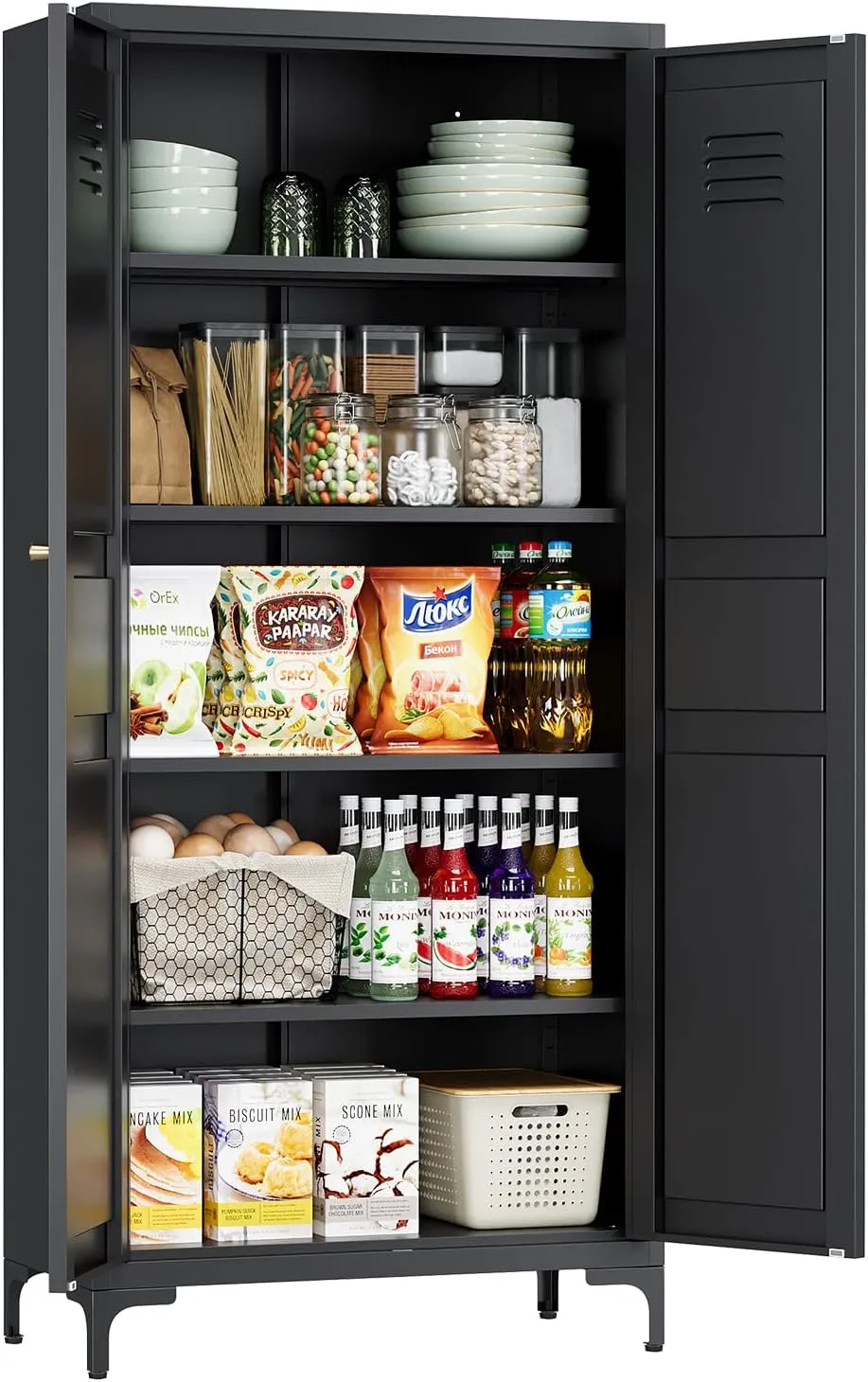 Black Pantry Storage Cabinet 61-Inch High Cupborad Storage Cabinets with Doors and Shelves, Metal Kitchen Cabinet for Home, Dining Room, Bedroom, Living Room, Bathroom