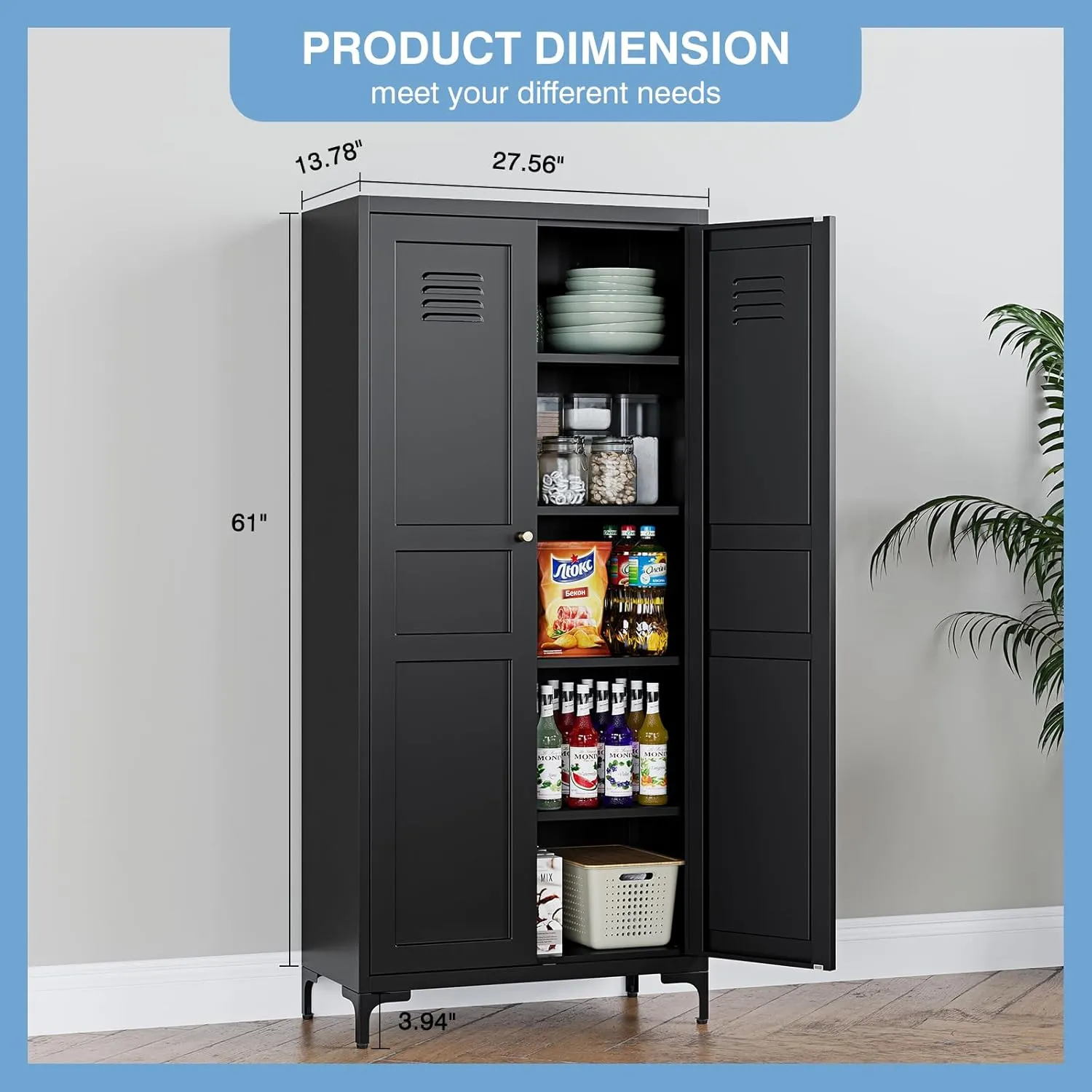Black Pantry Storage Cabinet 61-Inch High Cupborad Storage Cabinets with Doors and Shelves, Metal Kitchen Cabinet for Home, Dining Room, Bedroom, Living Room, Bathroom