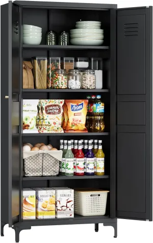 Black Pantry Storage Cabinet 61-Inch High Cupborad Storage Cabinets with Doors and Shelves, Metal Kitchen Cabinet for Home, Dining Room, Bedroom, Living Room, Bathroom