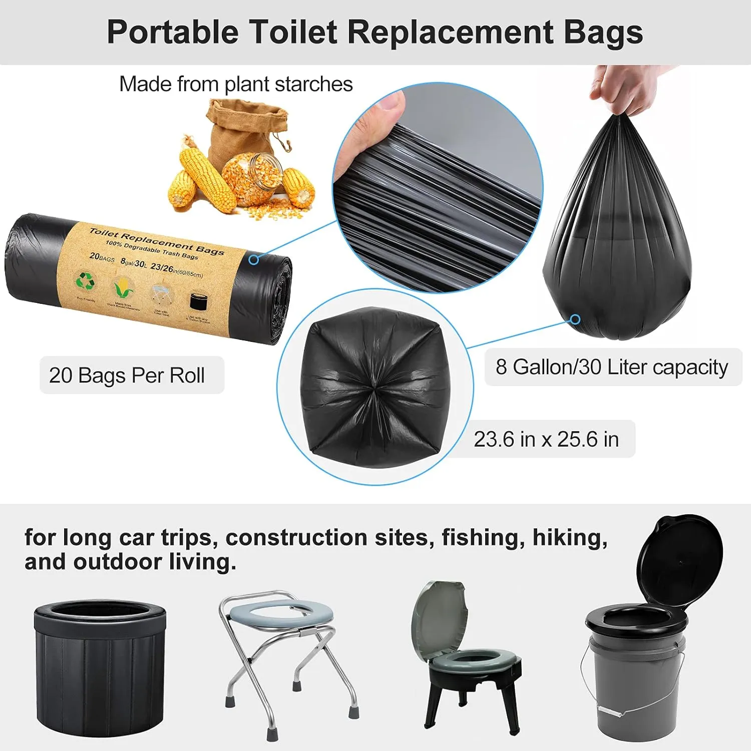 BLIKA 60 Count Toilet Replacement Bags, 8 Gallon, 30 Liter, Heavy Duty 1 Mil, Compost Bags 8 Gallon, Camping Toilet Bags for Portable Toilet, Car Travel, Camping, Long Trips