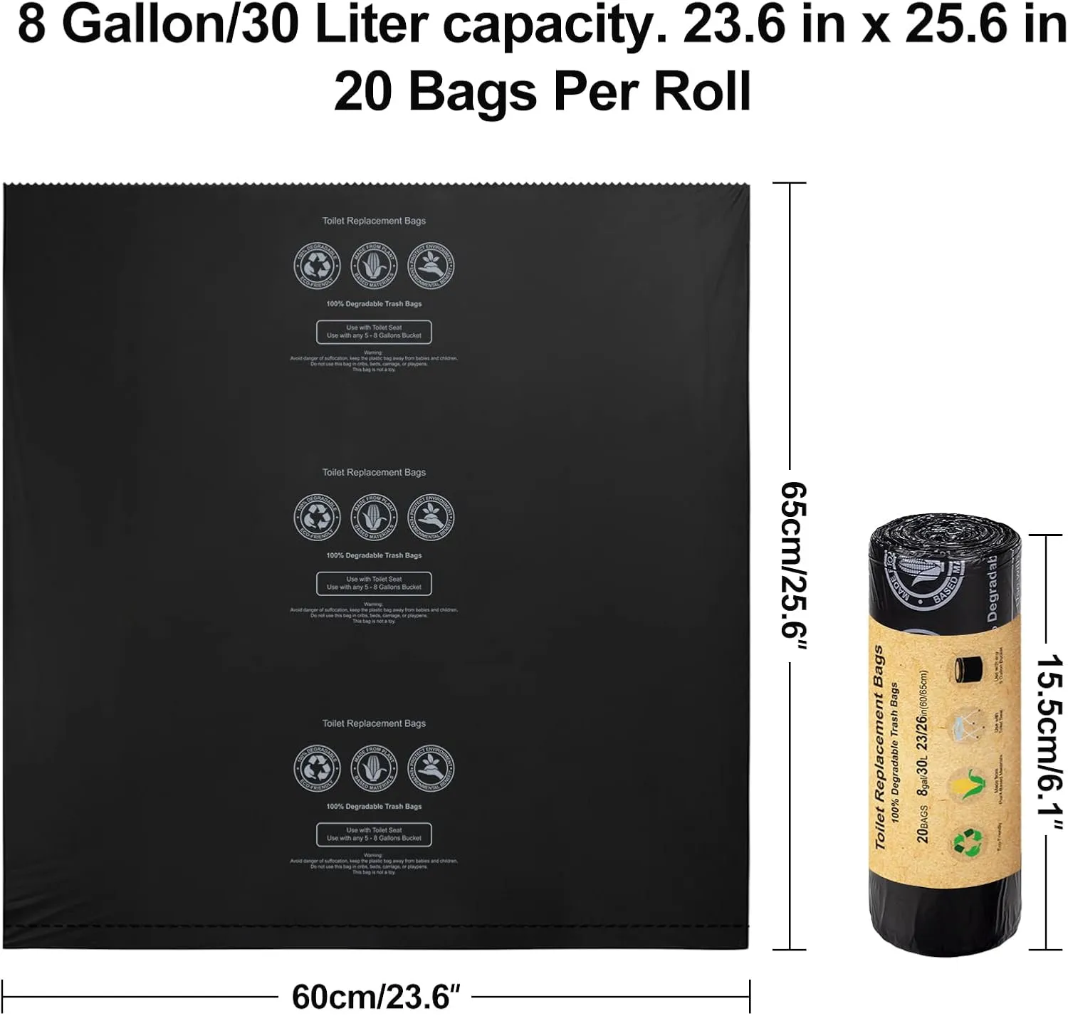 BLIKA 60 Count Toilet Replacement Bags, 8 Gallon, 30 Liter, Heavy Duty 1 Mil, Compost Bags 8 Gallon, Camping Toilet Bags for Portable Toilet, Car Travel, Camping, Long Trips