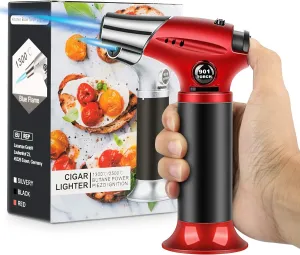 Blow Torch, Professional Kitchen Cooking Torch with Lock Adjustable Flame Refillable Mini Blow Torch Lighter for BBQ, Baking, Brulee Creme, Crafts and Soldering(Butane Gas Excluded)