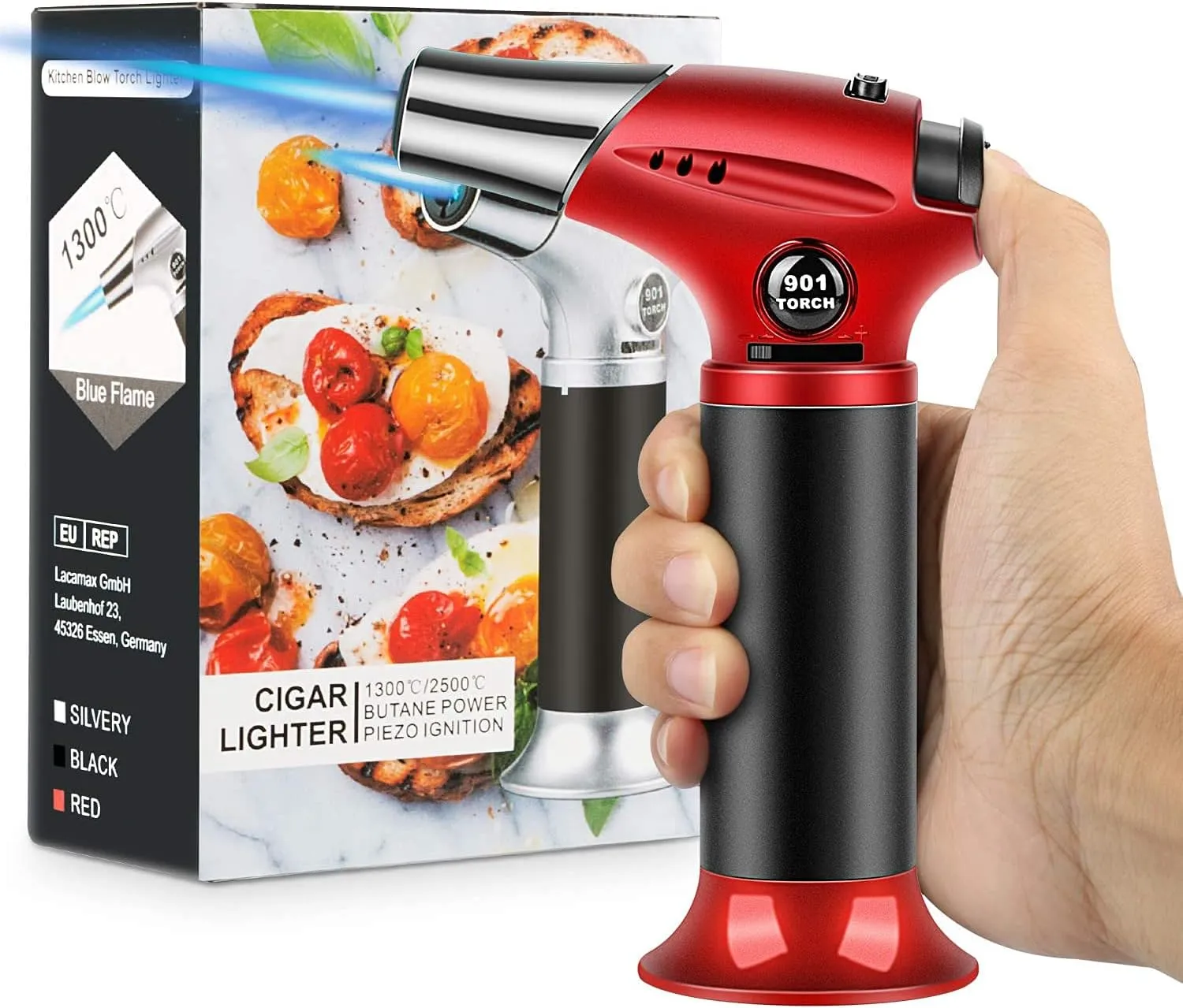 Blow Torch, Professional Kitchen Cooking Torch with Lock Adjustable Flame Refillable Mini Blow Torch Lighter for BBQ, Baking, Brulee Creme, Crafts and Soldering(Butane Gas Excluded)