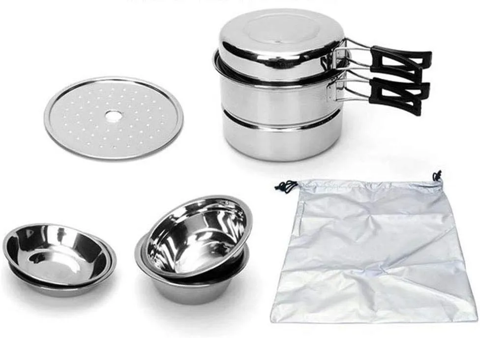 BOSS Stainless Copel Camping Cookware Set 8P Must-Have Components Backpacking, Fishing, Mountaineering Camping Cooking