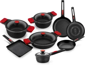 BRA COOKWARE Infinity 12 Piece Cookware Set | Cast Aluminum Kitchenware | 2 Pots, 1 Sauté Pan, 3 Pans, 1 Saucepan, 1 Grill, 4 Lids | 3Layer Non-Stick | All Stovetops | PFOA Free | Removable Handle
