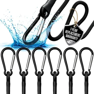 Bungee Cords with Hooks 24 Inch - 6 Pack Heavy Duty Outdoor Black Bungie Straps with Carabiner Hooks 200 LB Break Strength - UV & Weather Resistant Bungy Cords Set