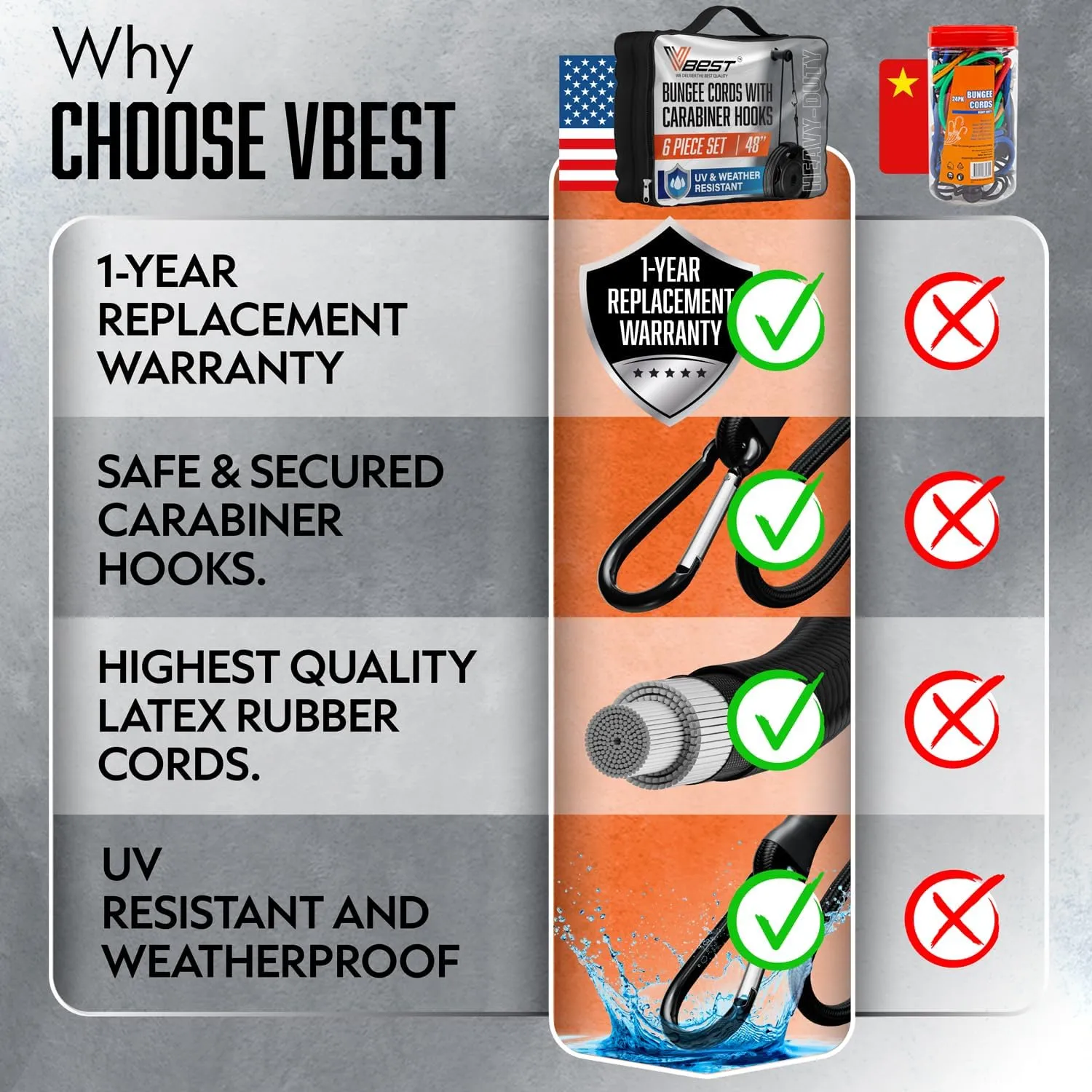 Bungee Cords with Hooks 24 Inch - 6 Pack Heavy Duty Outdoor Black Bungie Straps with Carabiner Hooks 200 LB Break Strength - UV & Weather Resistant Bungy Cords Set