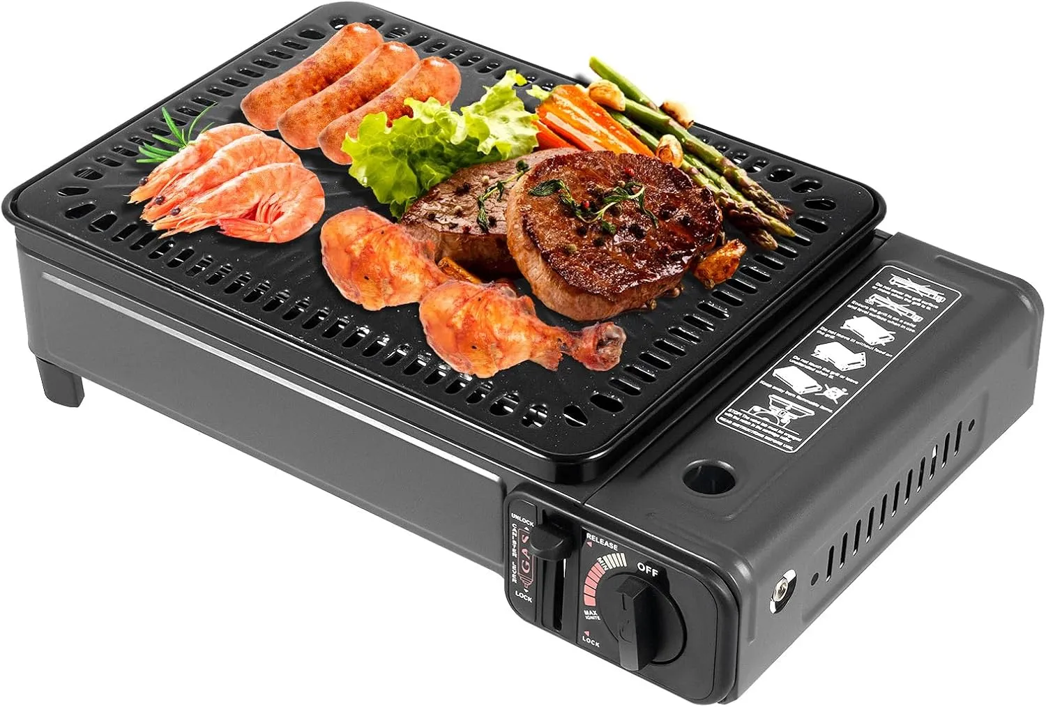 Butane Grill Stove,Portable Camping Grill Gas Stove,Free Standing Bbq Grill,Butane Gas Stove With Grilling Net Carry Case And Butane Canister Lock For Camping Traveling Outdoor Cooking(Black)
