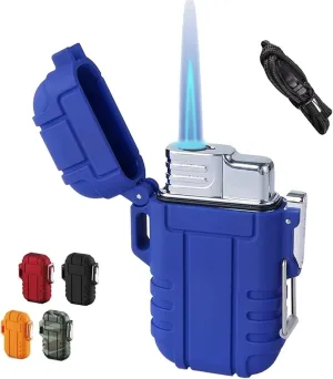 Butane Lighter with Safety Lock, Butane blowtorch Lighter, Windproof Jet Flame Lighter, Windproof and Waterproof Lighter Outdoor Portable Lighter with Gift Box, (Butane not Included)(Blue)