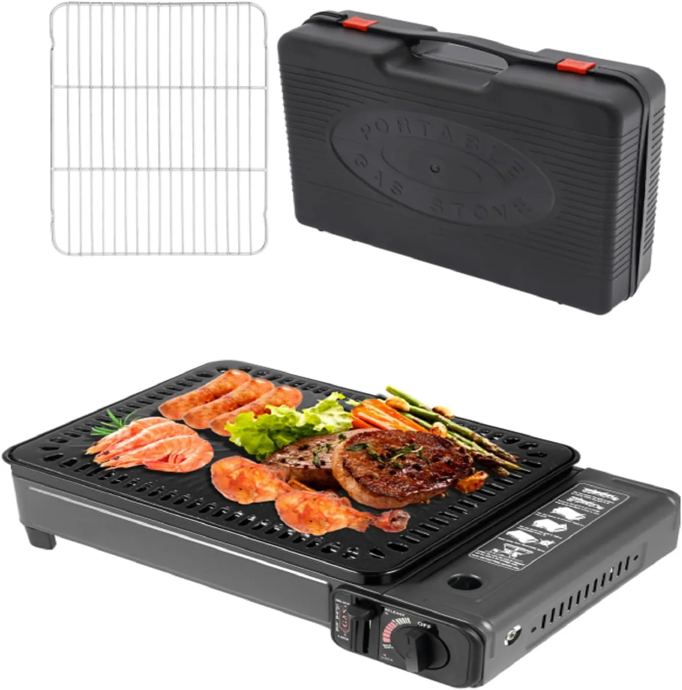 Butane Stove with Grilling Net and Grill Tray, Portable Butane Camping Stove Lpg Tank Korean BBQ Grill Portable Tabletop Gas Korean Grill for Camping, Home, Restaurants