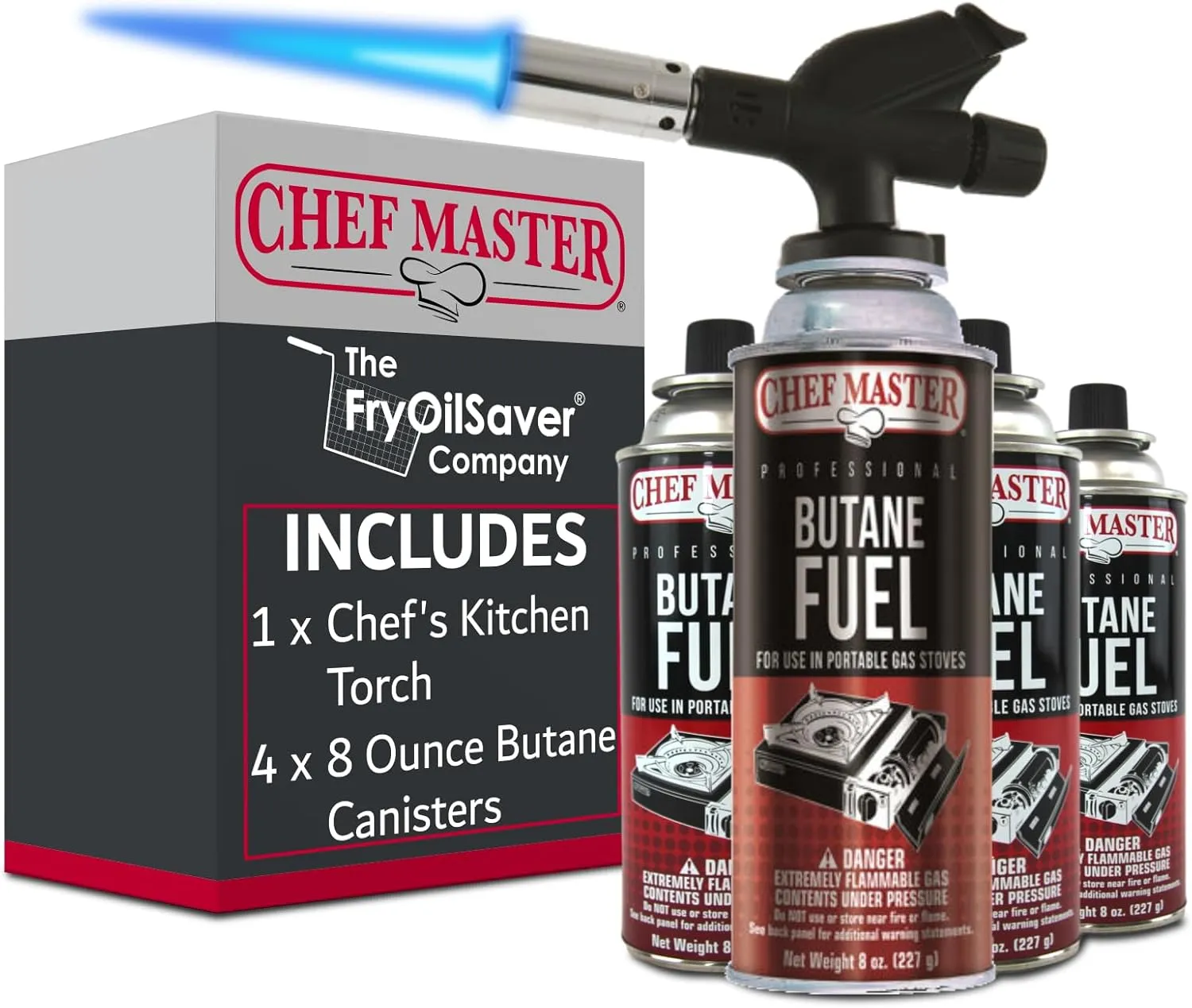 Butane Torch Lighter Combo w/ 4 x 8 oz. Butane Fuel, Refillable Kitchen Cooking Torch for Brulee, Desserts, Baking, Cafe, Hotel & Restaurant, Home Necessities & Kitchen Essentials by Chef Master 90014