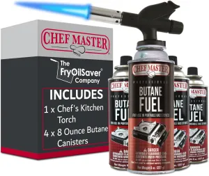 Butane Torch Lighter Combo w/ 4 x 8 oz. Butane Fuel, Refillable Kitchen Cooking Torch for Brulee, Desserts, Baking, Cafe, Hotel & Restaurant, Home Necessities & Kitchen Essentials by Chef Master 90014