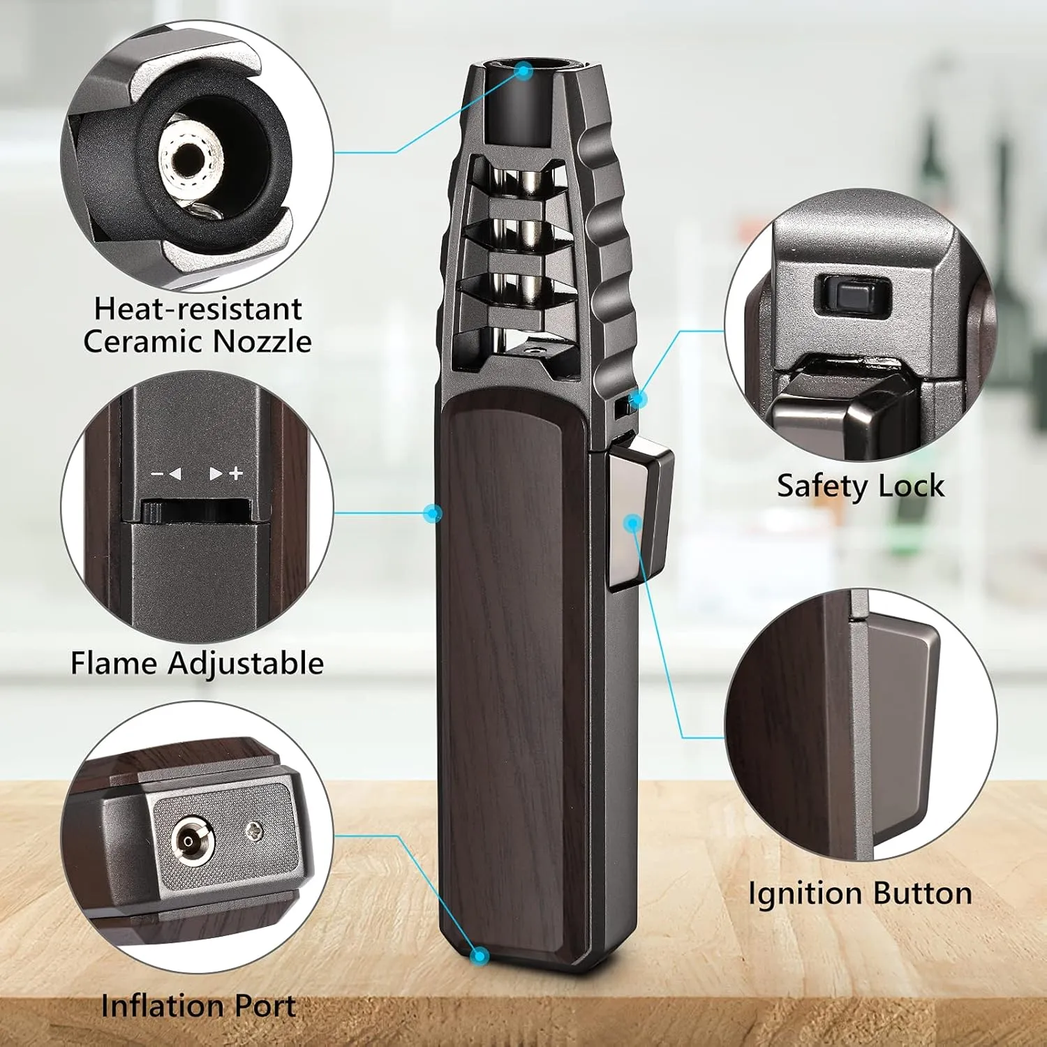 Butane Torch Lighter, Refillable Kitchen Cooking Torch Windproof Adjustable Flame Solar Beam Torch HARYGATE Blow Torch with Safety Lock for Baking Creme Brulee