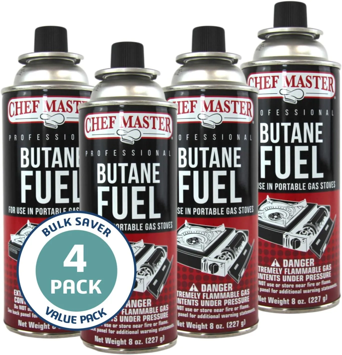 Butane Torch Lighter w/ 4 x 8oz. Butane Fuel Tin Canister Combo, Refillable Kitchen Torch & Adjustable Flame Cooking Torcher for Creme Brulee, Dessert, Meats, Indoor & Outdoor BBQ by Chef Master 90022