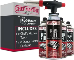 Butane Torch Lighter w/ 4 x 8oz. Butane Fuel Tin Canister Combo, Refillable Kitchen Torch & Adjustable Flame Cooking Torcher for Creme Brulee, Dessert, Meats, Indoor & Outdoor BBQ by Chef Master 90022