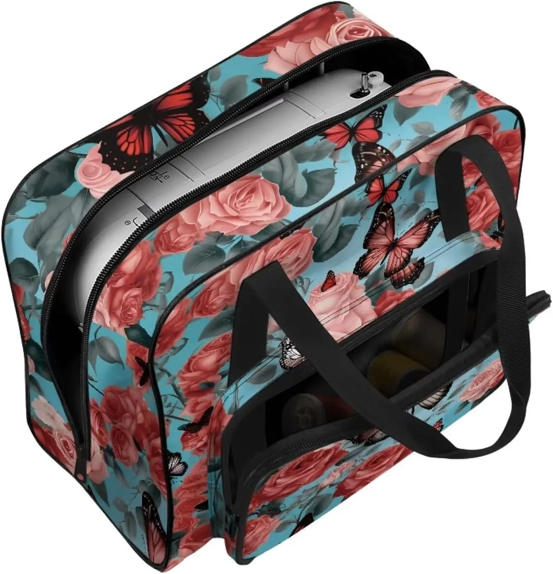 Butterfly Flower Sewing Machine Handbag Suitcase Travel Storage Bag Sewing Machine Carrying Case with Pockets, Portable Sewing Case for Outdoor Traveling Camping Use