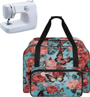 Butterfly Flower Sewing Machine Handbag Suitcase Travel Storage Bag Sewing Machine Carrying Case with Pockets, Portable Sewing Case for Outdoor Traveling Camping Use