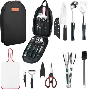 Camping Accessories Set, Camping Kitchen Utensil Organizer Travel Set with Tongs, Cutting Board, Bottle Cutter and Water Resistant Case for Daily Meal or Outdoor Hiking Picnic and Trekking