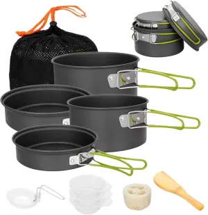 Camping Cooking Set, Aluminium Alloy Non-Stick Camping Pots and Pans with Handle, Portable Stackable Cookware with Mesh Bag for Outdoor Hiking Picnic Cooking Set
