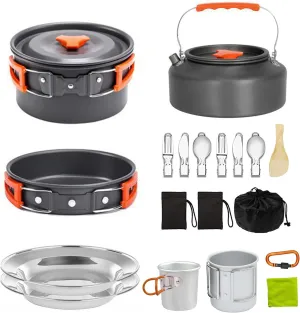 Camping Cooking Set Camping Cookware Outdoor Aluminum Mess Kit with Frying Pan, Pot with Lid, 1.2L Kettle Set and 2 Stainless Steel Plate, 2 Folding Cups and 2 Set Knives Spoons for Backpacking Picnic