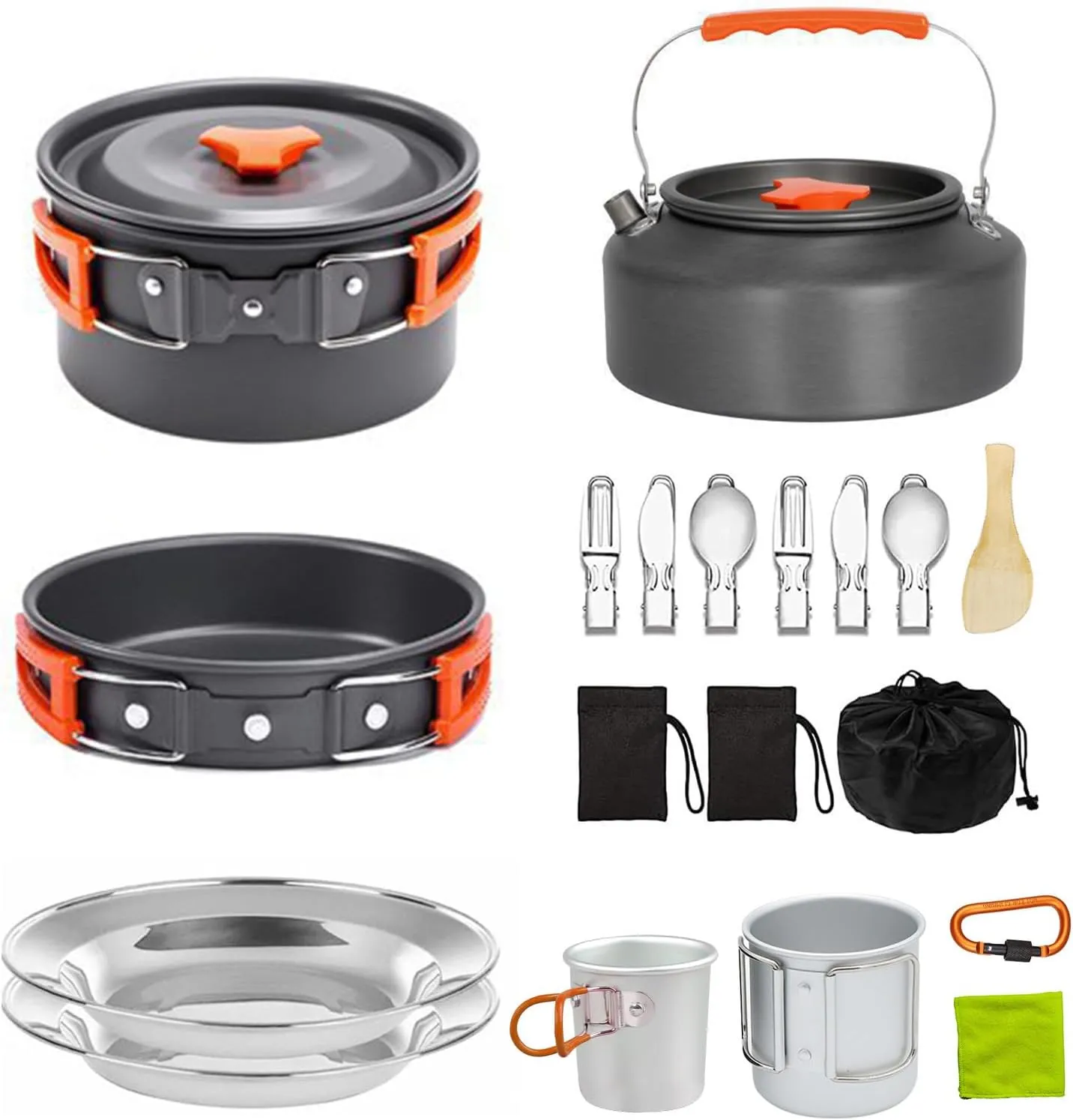 Camping Cooking Set Camping Cookware Outdoor Aluminum Mess Kit with Frying Pan, Pot with Lid, 1.2L Kettle Set and 2 Stainless Steel Plate, 2 Folding Cups and 2 Set Knives Spoons for Backpacking Picnic