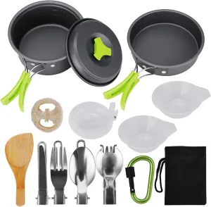 Camping Cookware, 15Pcs Backpacking Gear Hiking Outdoors Non Stick Camping Cookware Set 1-2 People Lightweight Compact Pot Pan Bowls