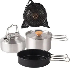 Camping Cookware Kits Camping Cookware Set Stainless Steel Campfires Cooking Pot, Pan and Kettle Combos Kits with Storage Bag Outdoor Cook Set, Frying pan: 17*3.9cm, As the Picture Shows