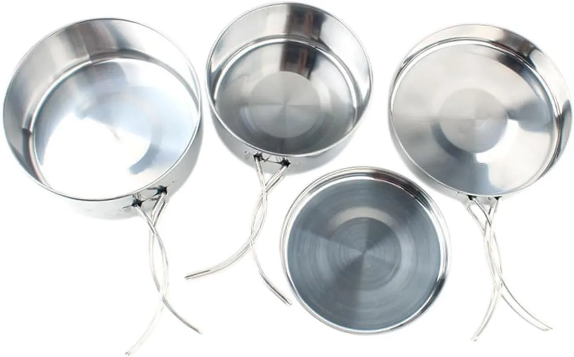 Camping Cookware Set 4-Piece Stainless Steel Pot Bowl Pan for Hiking Outdoor Supplies Perfect for Camping