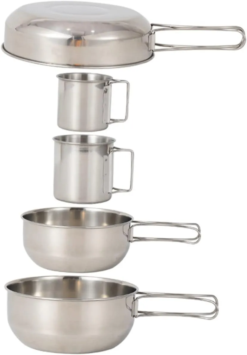 Camping Cookware Set 5pc Stainless Steel Pot Cup Skillet Ideal for Hiking Picnic
