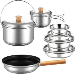 Camping Cookware Set, Compact Stainless Steel Campfire Cooking Pots and Pans Combo Kit with Travel Tote Bag, Outdoor Cook Set for Hiking Barbecues Beach