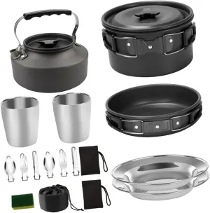 Camping Cookware Set Portable Teapot Aluminum Cooking Tools Forks Spoons Picnic Plates Non-Stick for 1-2 People Outdoor Activities