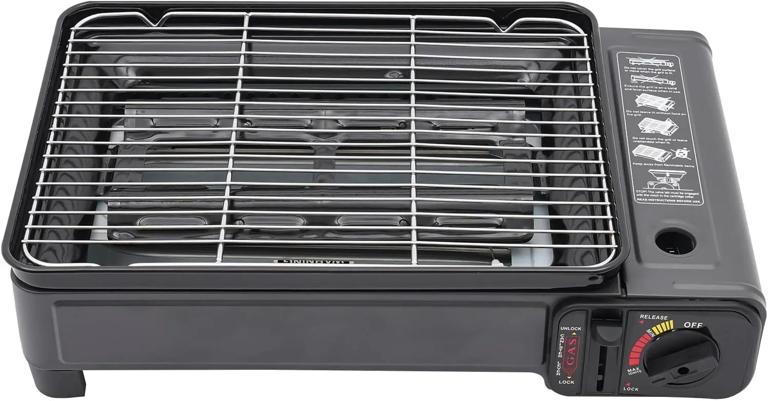 Camping Grill Set, Portable Butane Gas Stove with Grill Grate, Food Clip, Grilling Net, Perfect for Outdoor Cooking, Camping or Tailgating | Grilling and Broiling