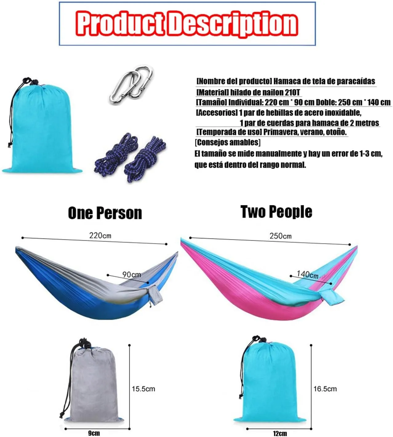 Camping Hammock 210T Nylon Breathable Hammock Tent with Tree Straps & Aluminum Alloy Carabiners Travel Hammock Quick Drying for Hiking Backpacking Garden (Color : A, Size : 220x90cm)