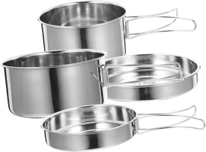 Camping Hiking Cookware Set 4-Piece Stainless Steel Portable Outdoor Cooking Pot Pan Cup Kit