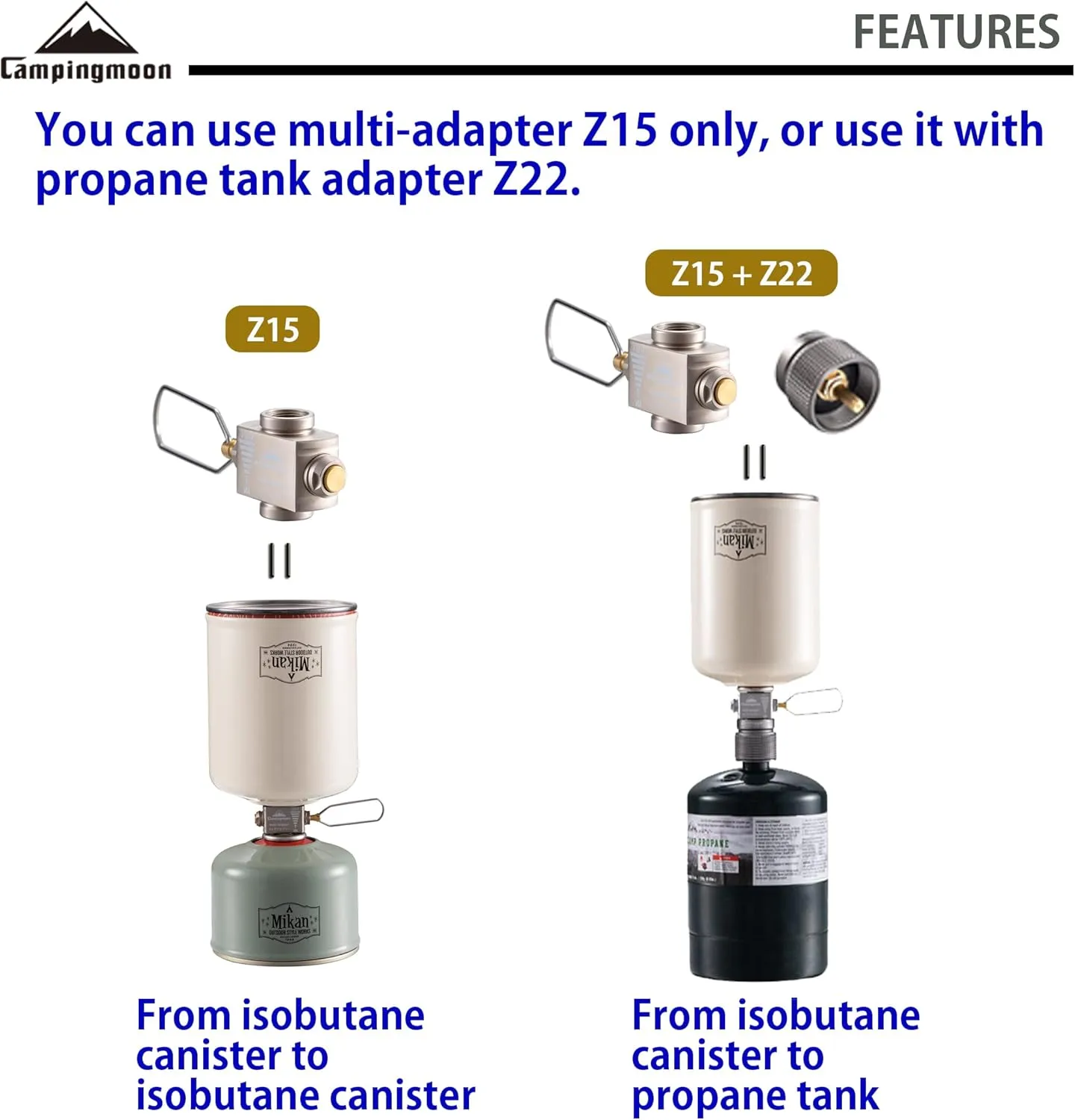 camping moon Butane to Propane Gas Refill Adapter and LPG Propane Adapter (Isobutane Gas to 1lb Propane Tank (Z15/Z22))