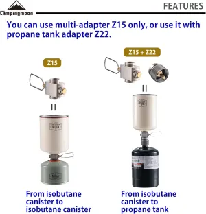 camping moon Butane to Propane Gas Refill Adapter and LPG Propane Adapter (Isobutane Gas to 1lb Propane Tank (Z15/Z22))