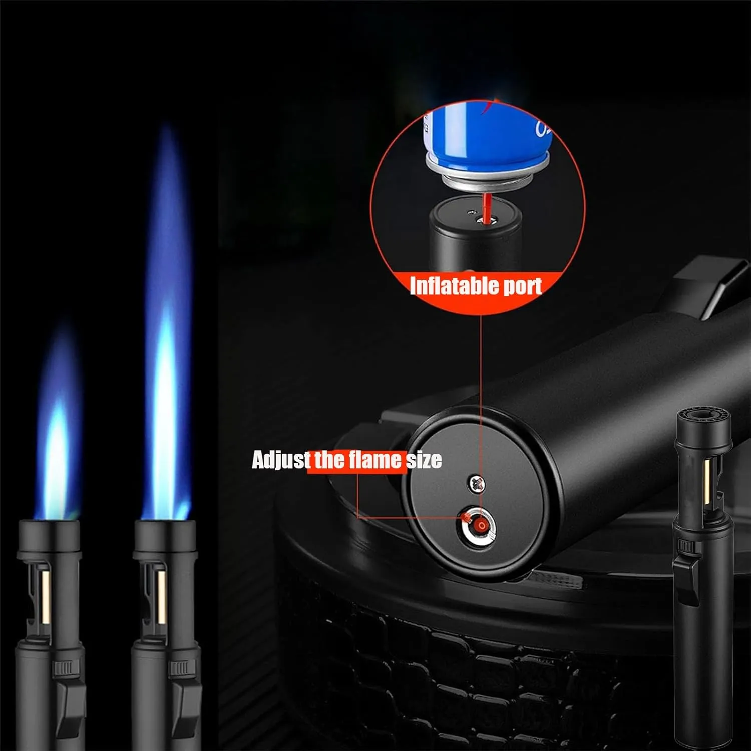 Camping Outdoor Windproof Straight Flame Lighter, Airbrush with Adjustable Flame Size, 360 Degree Rotating Ignition, Refillable Butane Torch (A-Silver)