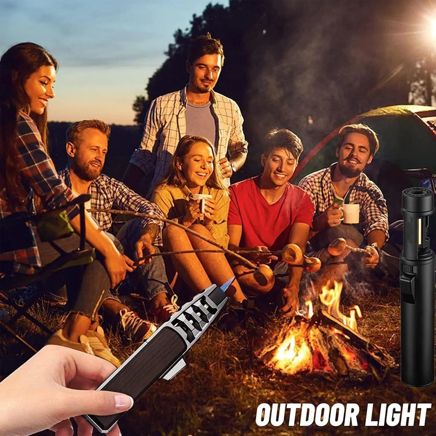 Camping Outdoor Windproof Straight Flame Lighter, Airbrush with Adjustable Flame Size, 360 Degree Rotating Ignition, Refillable Butane Torch (A-Silver)