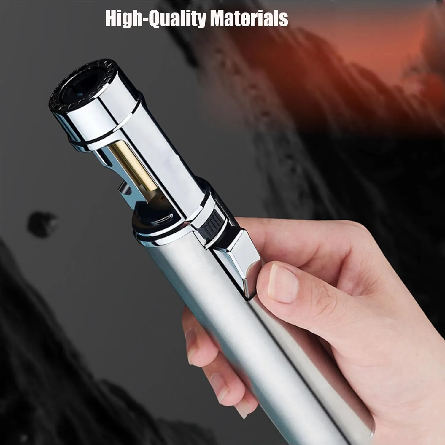 Camping Outdoor Windproof Straight Flame Lighter, Airbrush with Adjustable Flame Size, 360 Degree Rotating Ignition, Refillable Butane Torch (A-Silver)