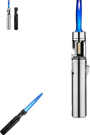 Camping Outdoor Windproof Straight Flame Lighter, Airbrush with Adjustable Flame Size, 360 Degree Rotating Ignition, Refillable Butane Torch (A-Silver)