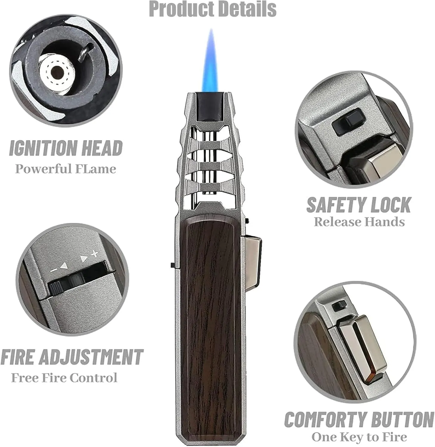 Camping Outdoor Windproof Straight Flame Lighter, Airbrush with Adjustable Flame Size, 360 Degree Rotating Ignition, Refillable Butane Torch (A-Silver)