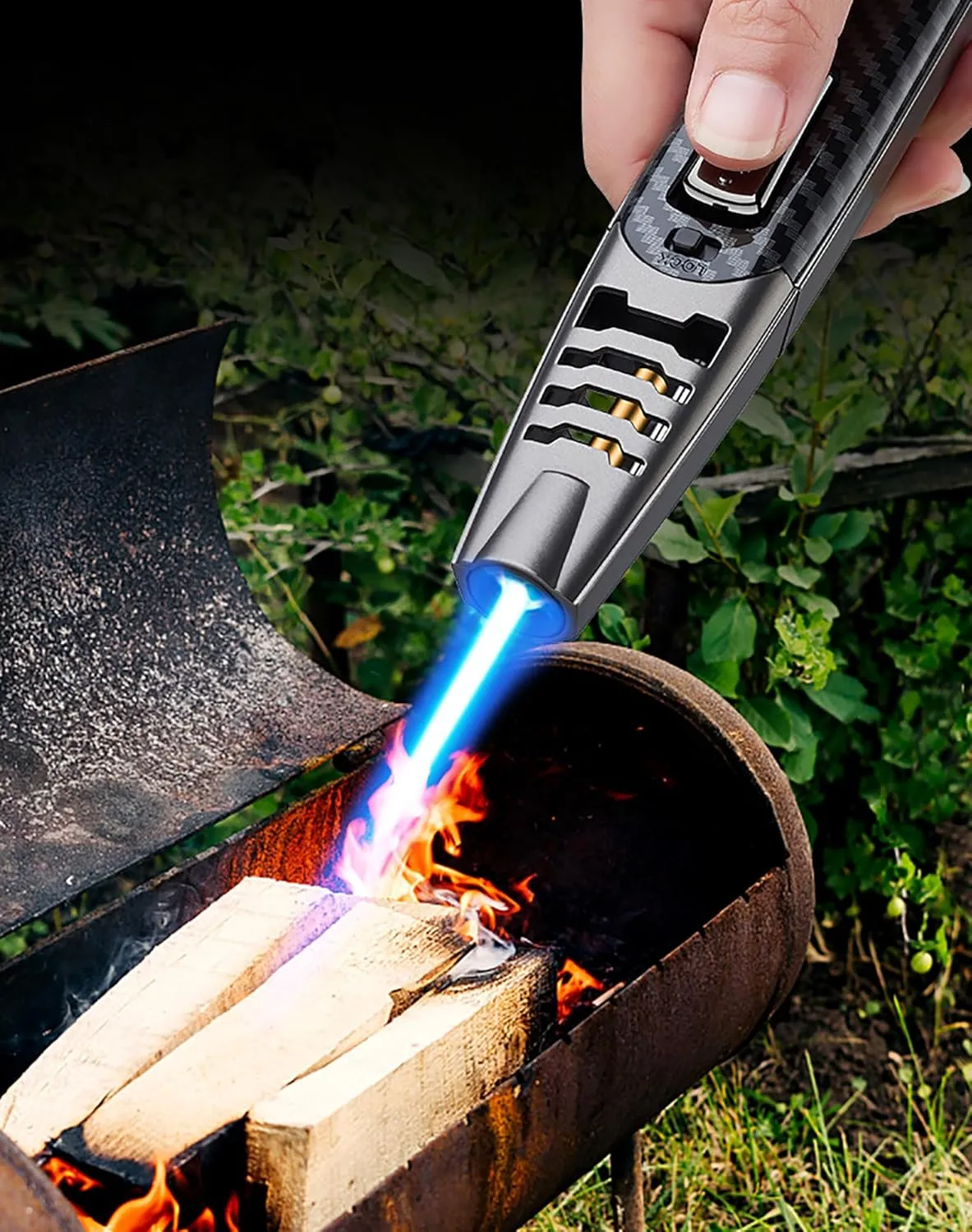 Camping Outdoor Windproof Straight Flame Lighter, Torch Lighter - Refillable Butane Lighter (Carbon Fiber (Gray))