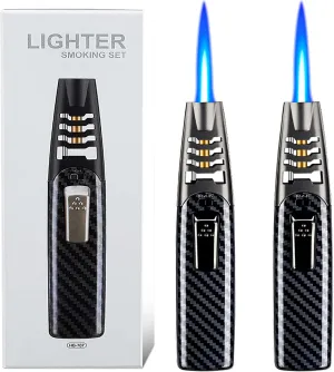 Camping Outdoor Windproof Straight Flame Lighter, Torch Lighter - Refillable Butane Lighter (Carbon Fiber (Gray))