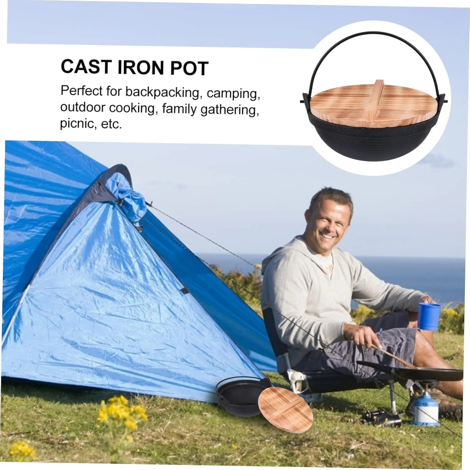 Camping Pot Cast Iron Multifunctional Stockpot with Lid Easy to Wash Portable Cookware