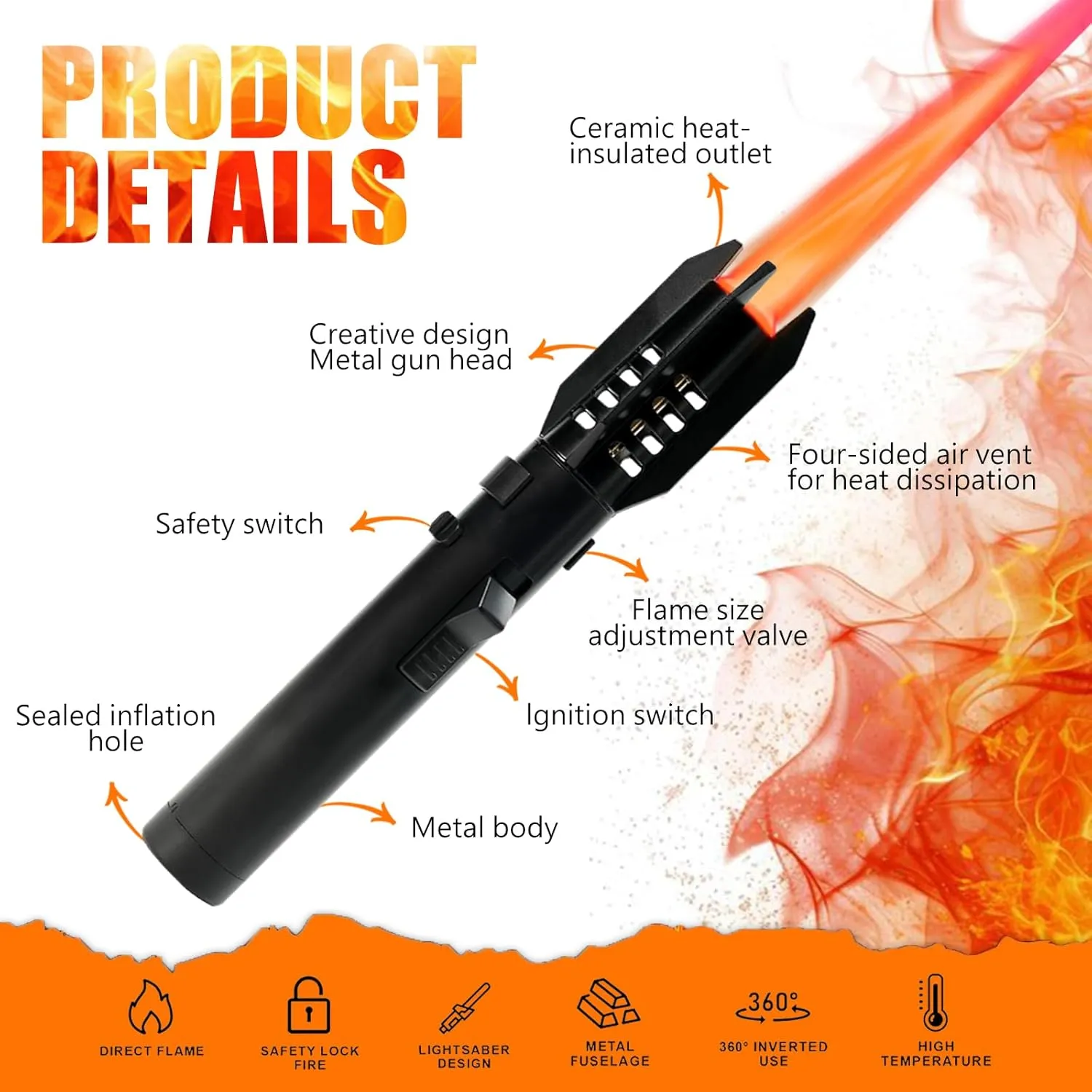 Camping Torch Lighter, Bright Fire Windproof Butane Refillable Straight Flame Lighter with Safety Lock and Adjustable Red Blue Flame for Outdoor Campfires BBQ Baking Kitchen Candles (Silver)