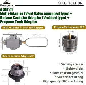 CAMPINGMOON Outdoor Camping Butane Gas Refill Adapter (Butane Gas to EN417 Lindal Valve Canister to 1lb Propane Tank (Z11/Z15/Z22))