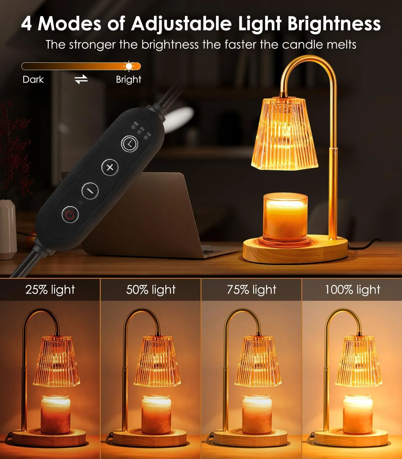 Candle Warmer Lamp with Timer - Adjustable Height Candle Warmer Lantern with Timer, Dimmable, Home Decor, Wax Melts Warmer for Jar Candles with 2 Bulbs Amber Lampshade