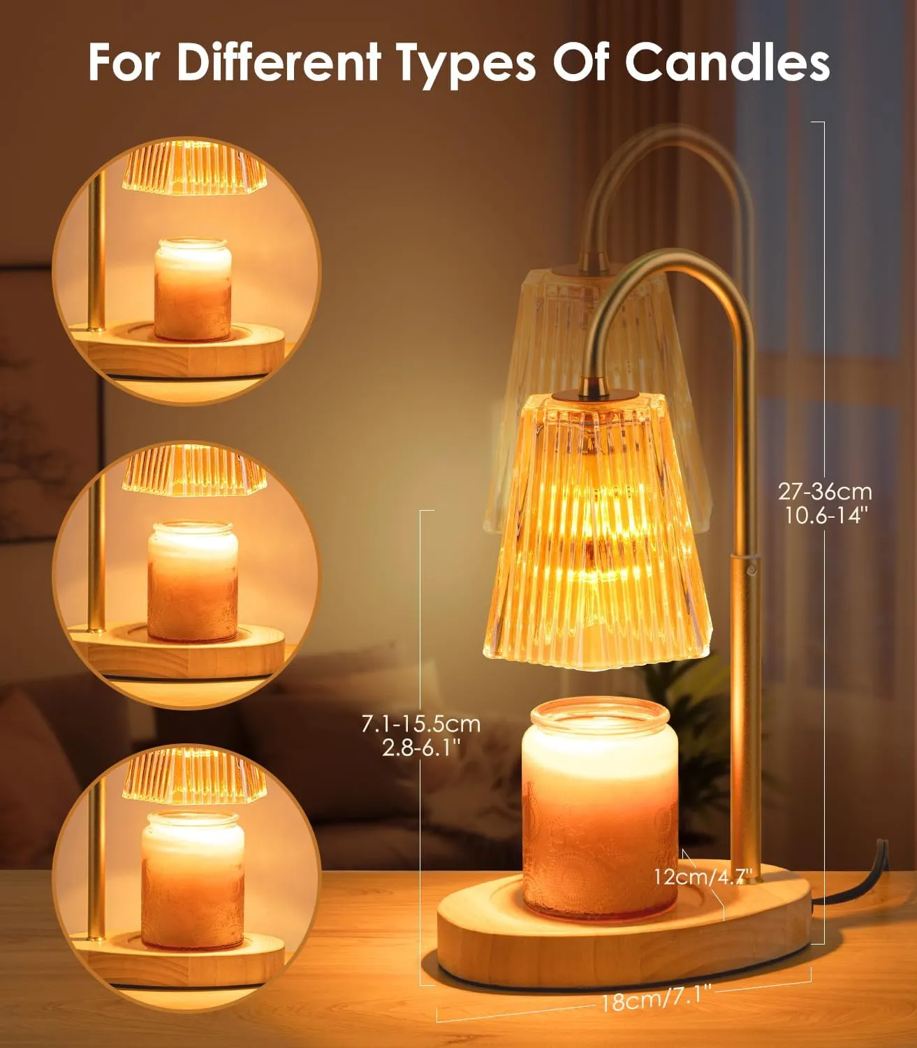 Candle Warmer Lamp with Timer - Adjustable Height Candle Warmer Lantern with Timer, Dimmable, Home Decor, Wax Melts Warmer for Jar Candles with 2 Bulbs Amber Lampshade